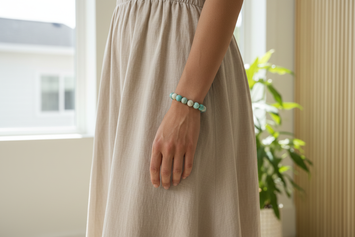 Amazonite beaded bracelet on a model