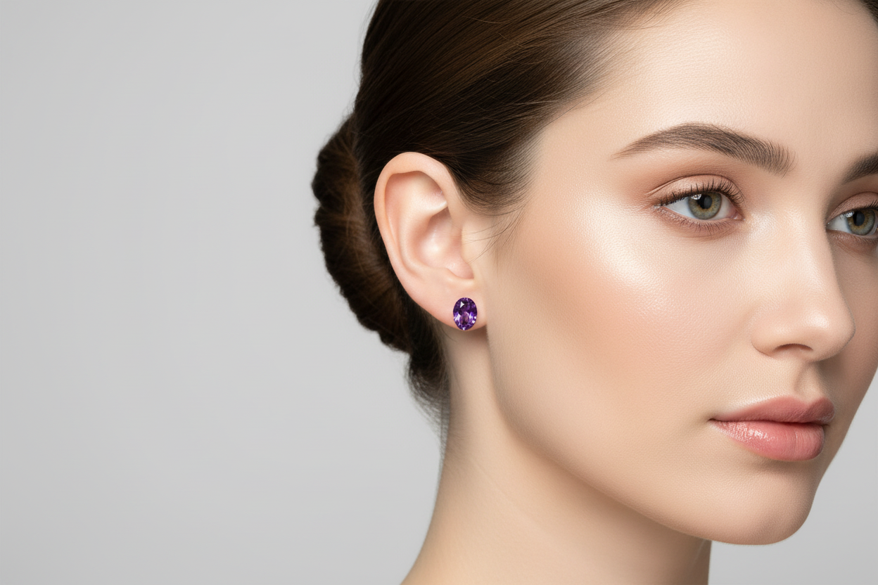 Pair of Amethyst earrings on a model