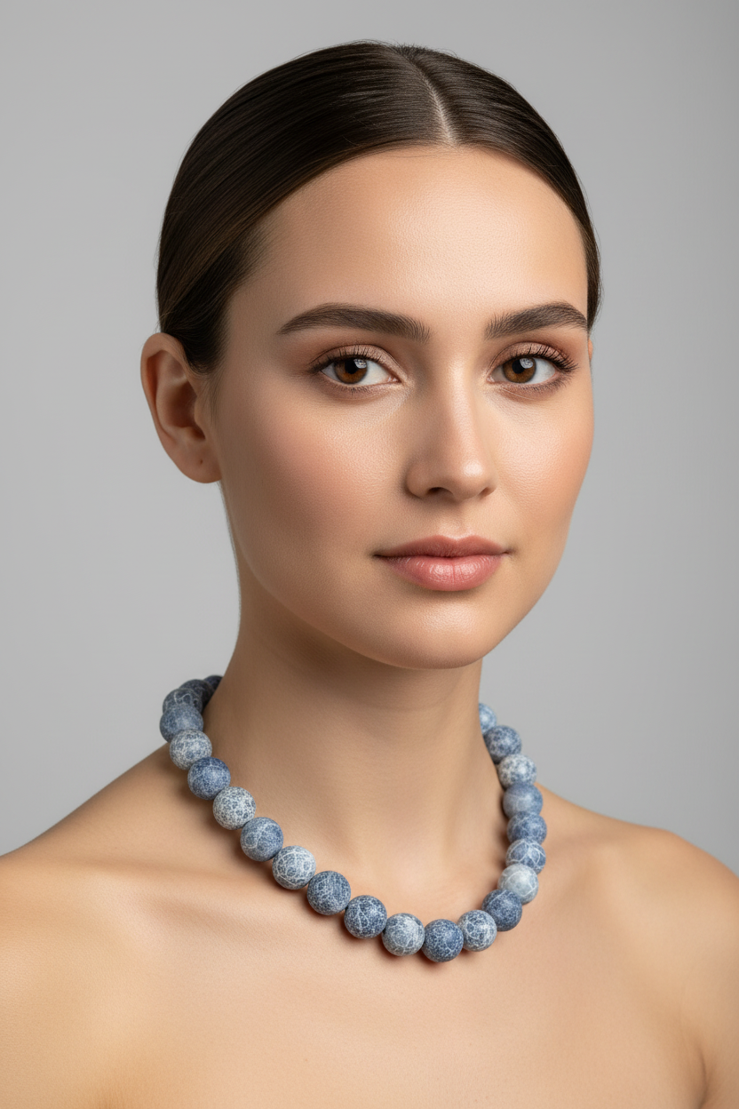 Blue beaded necklace on a model