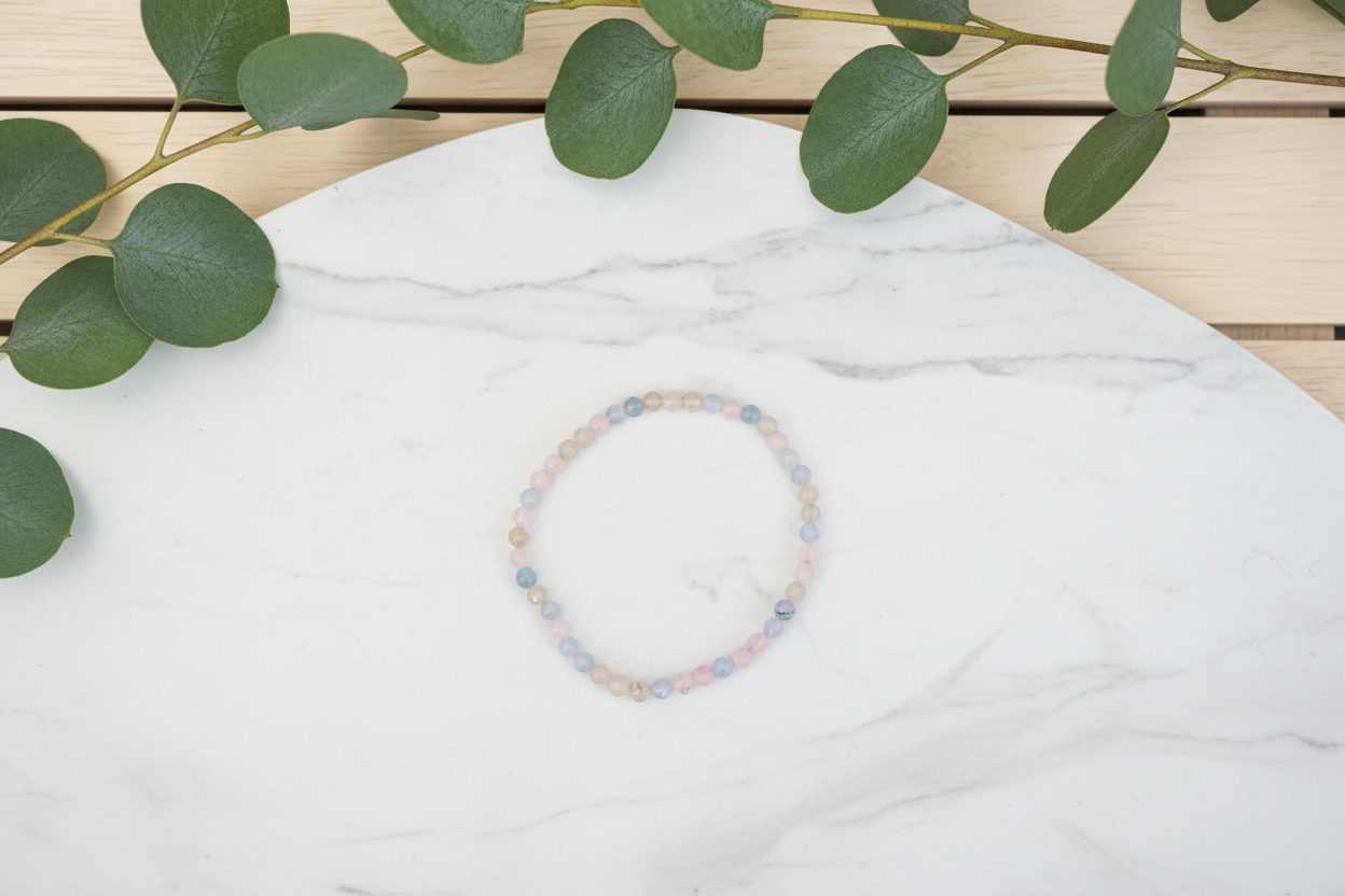 Beaded bracelet on a white counter with green leaves in the background