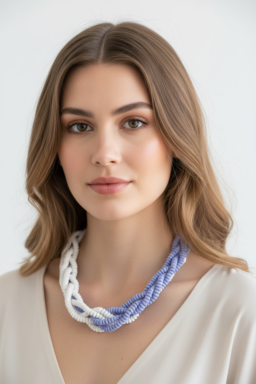 A multi-strand beaded necklace on a model