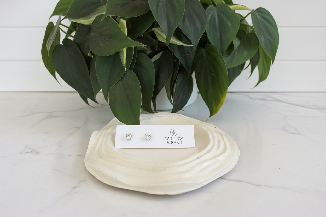 Goshenite earrings on a white countertop with a plant in the background