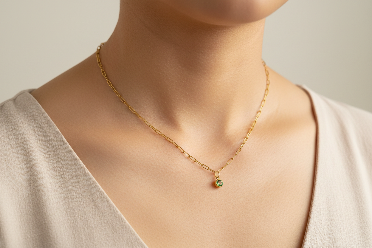 Gold paperclip chain with a green pendant on a model