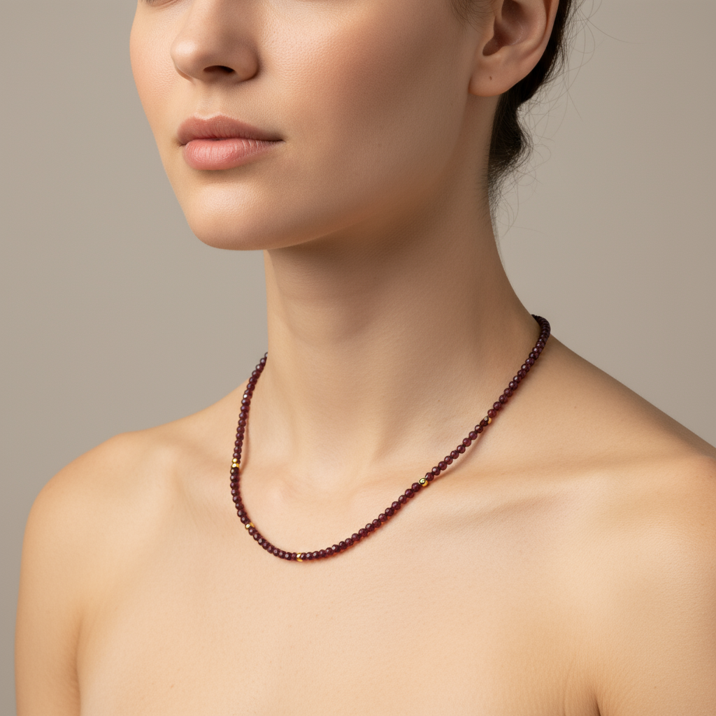 Red garnet necklace on a model with a blank background