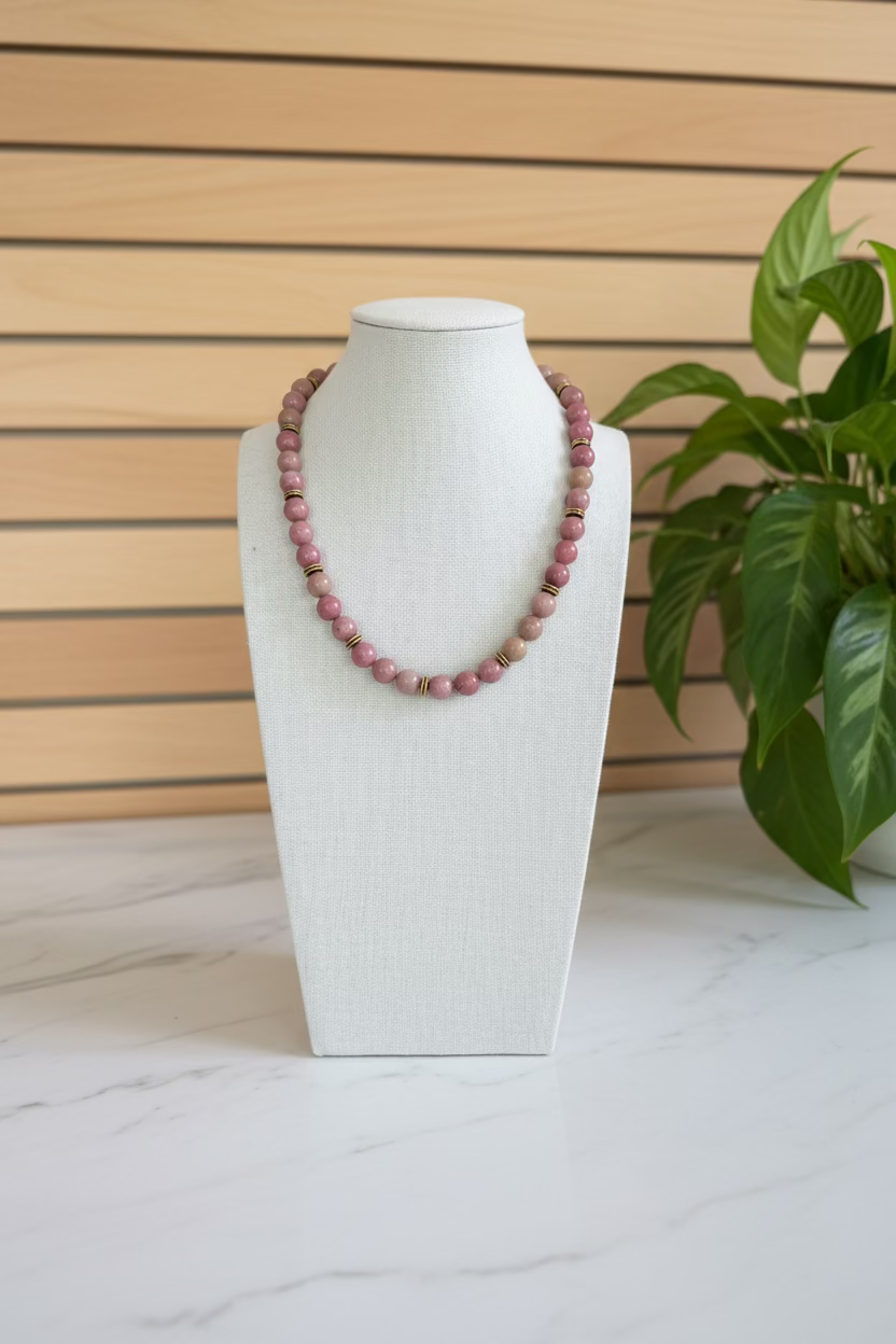 Necklace with pink beads on a white stand in a room with plants