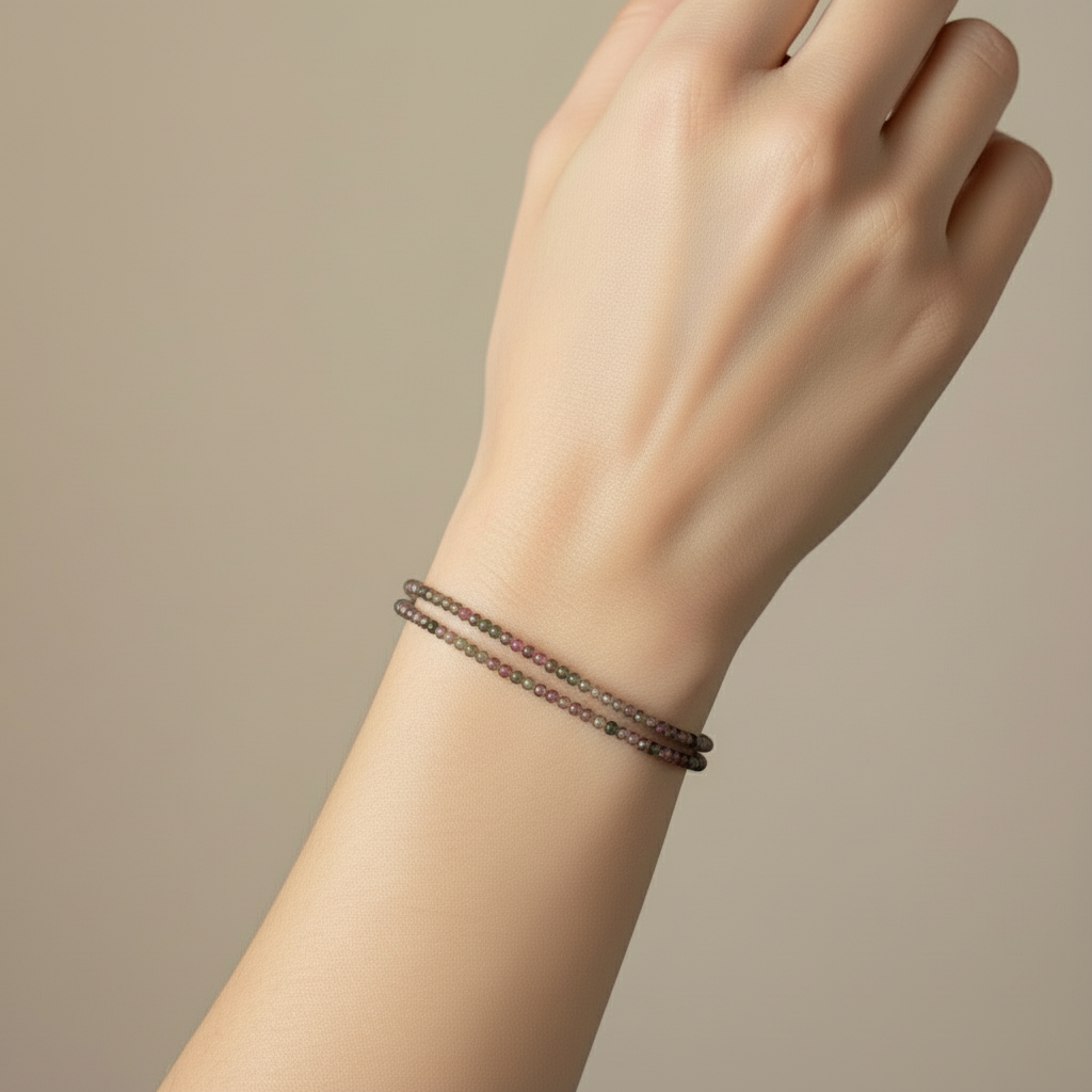 Multicolored beaded bracelet on a model's wrist