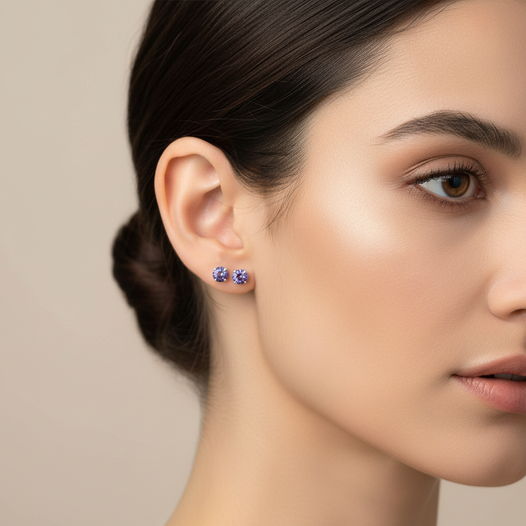 Two purple stud tanzanite earrings on a model