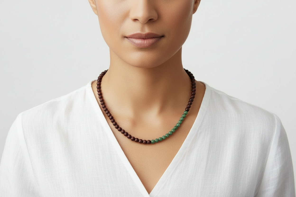 Necklace with brown and green beads on a model