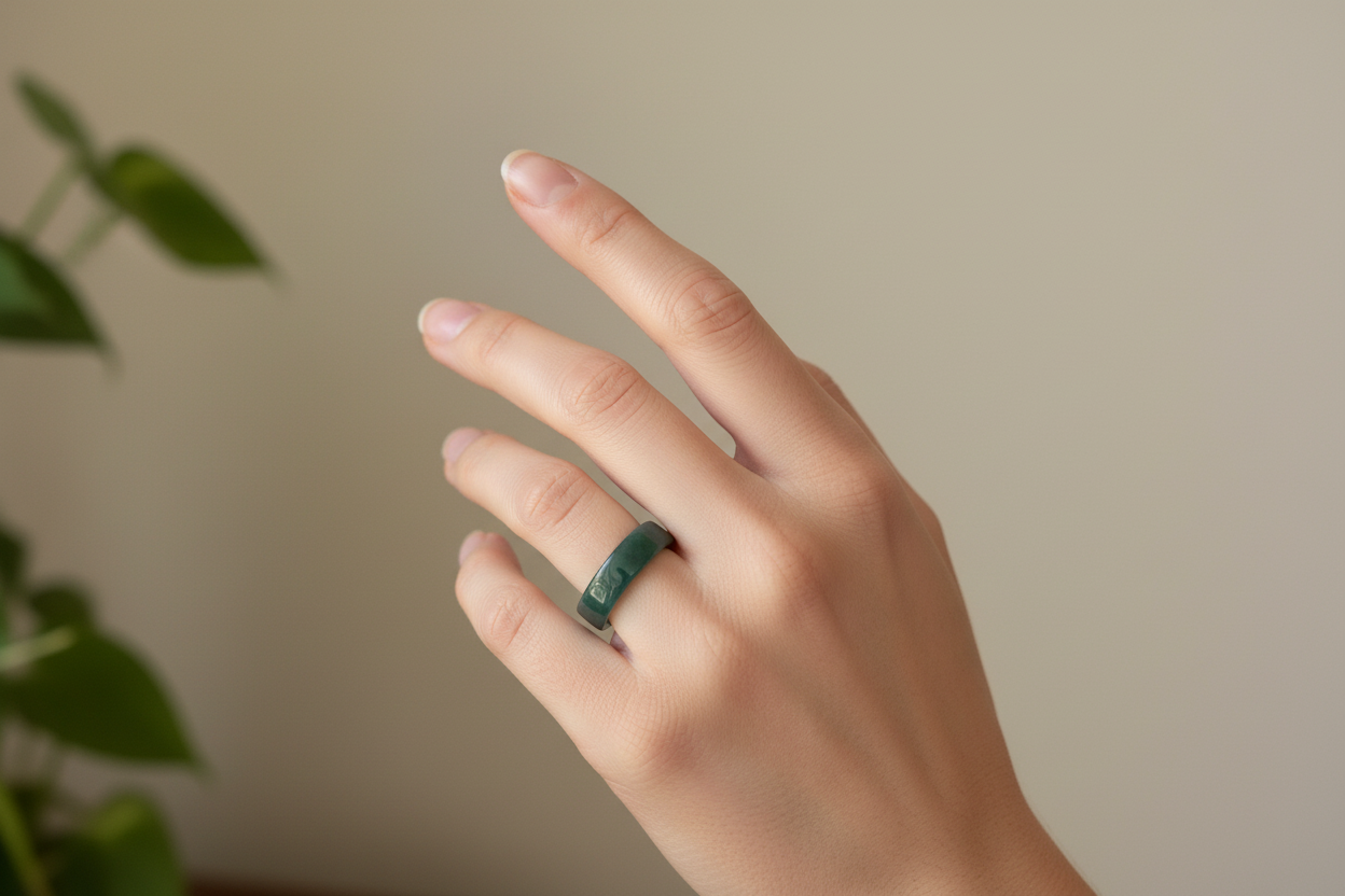 Thick green jade ring on a model with a plant in the background