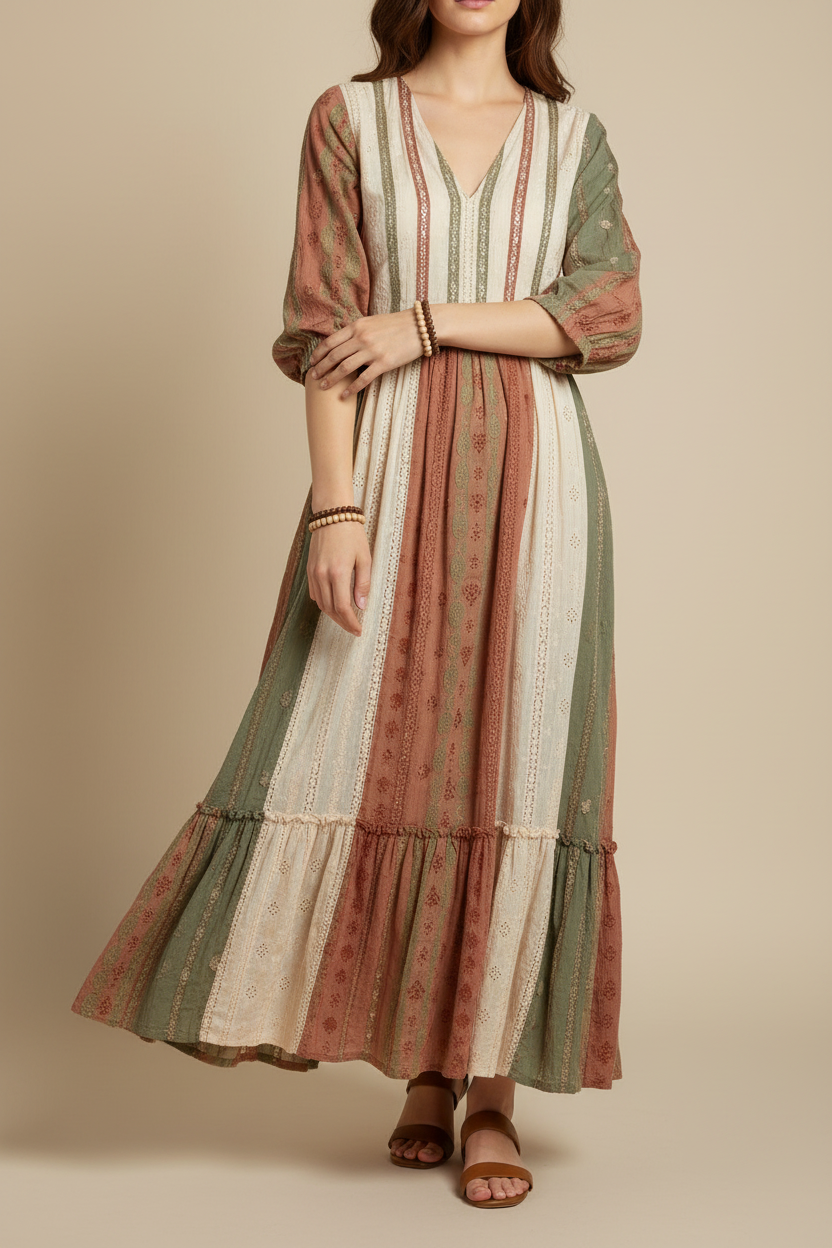 Wooden beaded bracelets on a model in a boho style dress