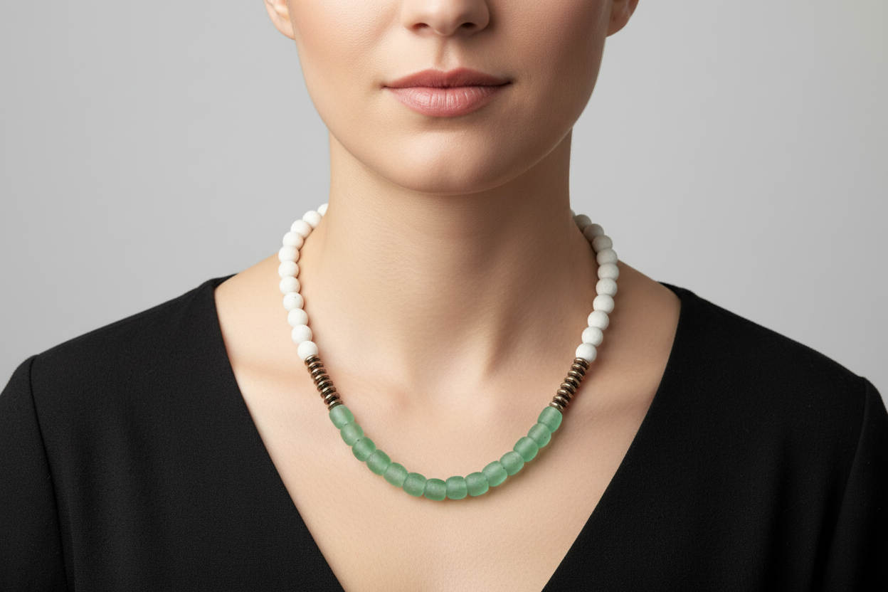 African glass bead necklace on a model