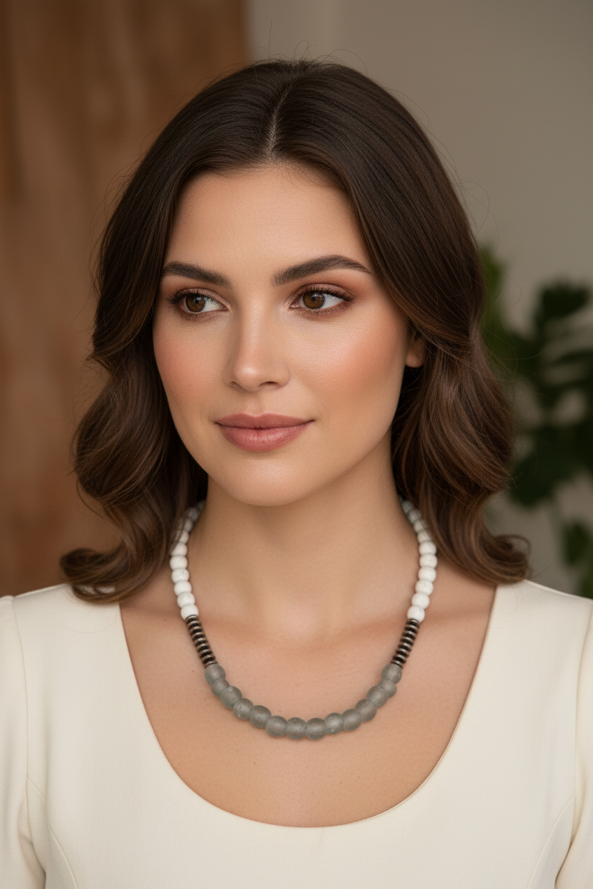 African glass bead necklace on a model
