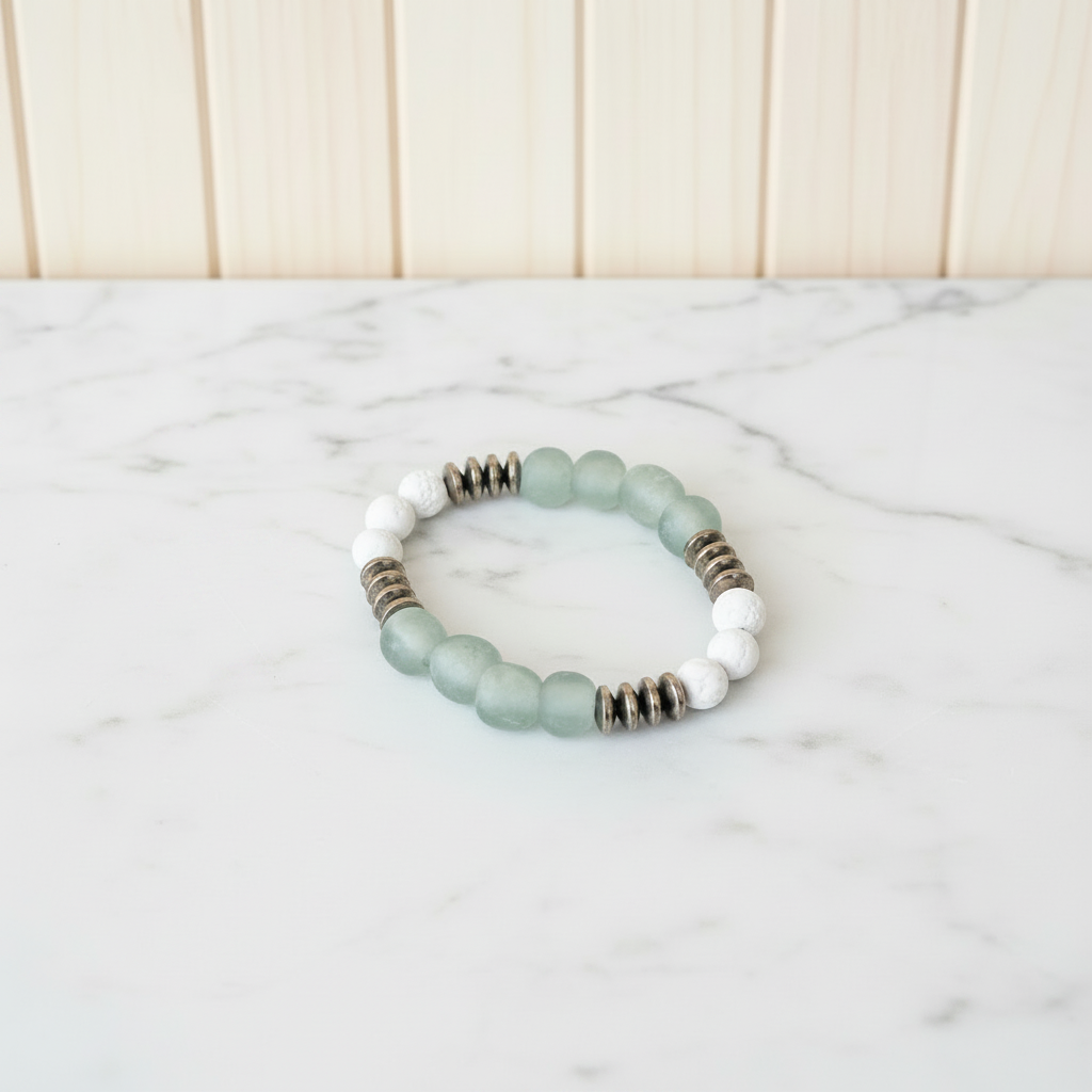 Beaded bracelets on a white countertop