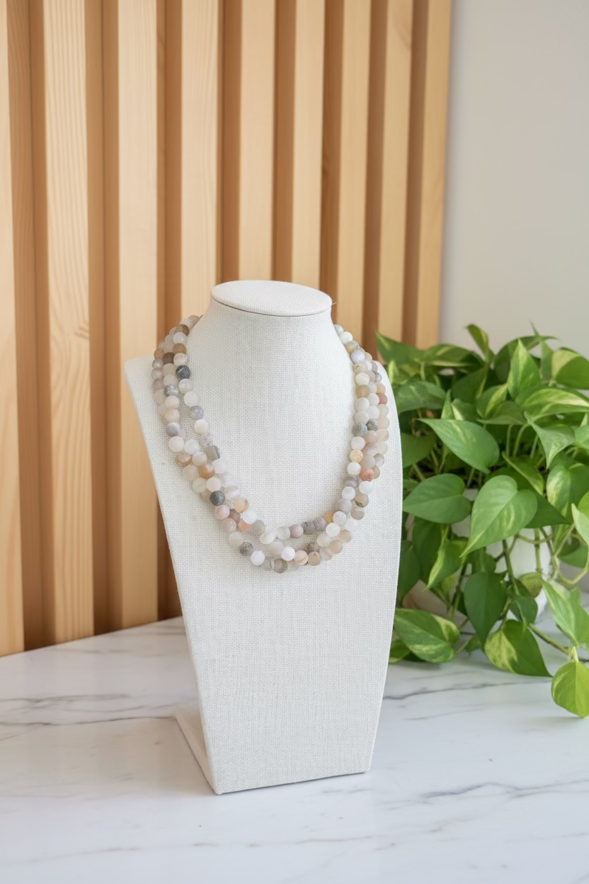 Agate Multi Strand Necklace displayed on a white bust with a home interior background