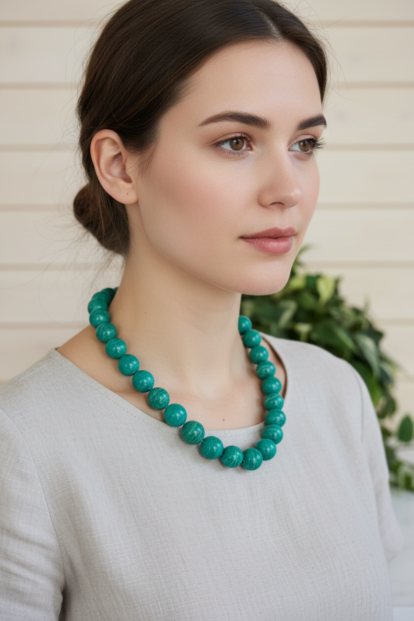 A beaded necklace made of large, polished teal-green round beads on a model