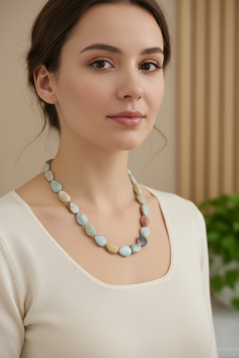 A multi-colored stone bead necklace on a model