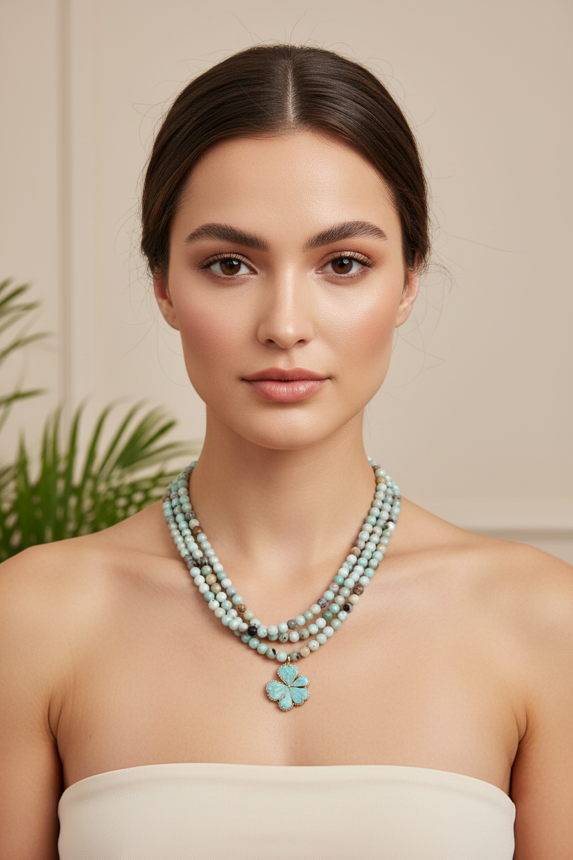 A multi-strand beaded necklace with a flower pendant on a model
