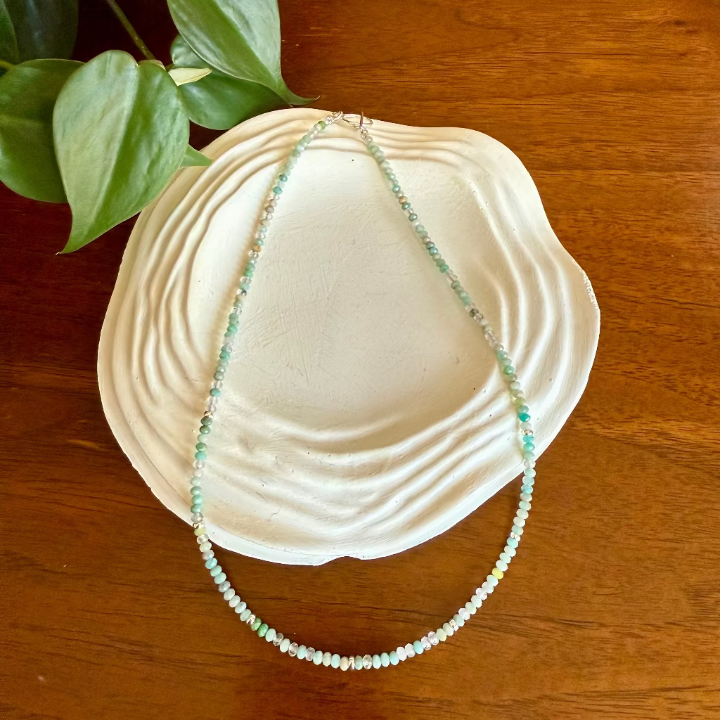 Necklace on a shell with green leaves in the background