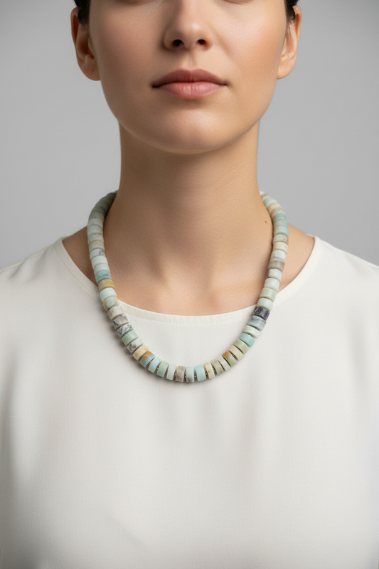 Chunky Amazonite necklace on a model