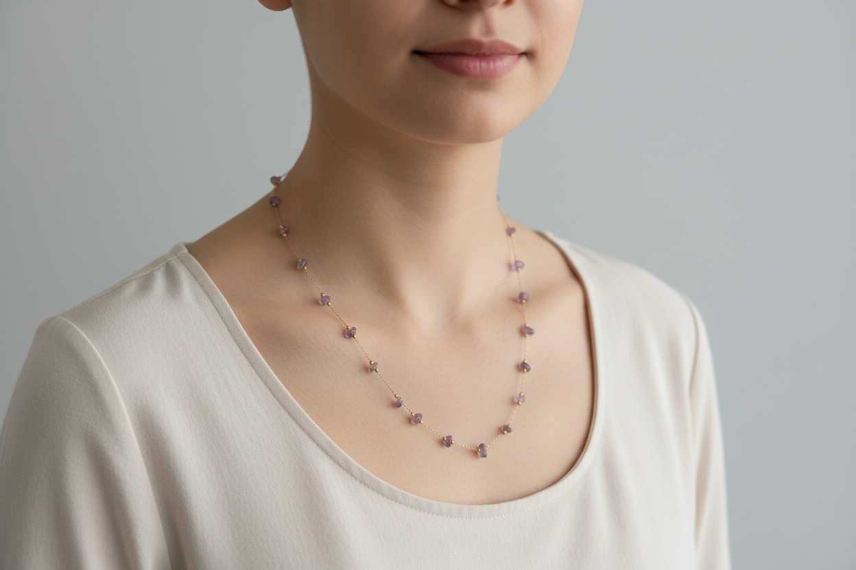 Amethyst chain necklace on a model