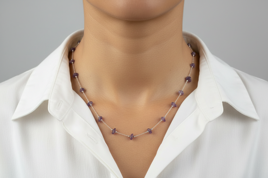 Chain necklace with amethyst beads on a model