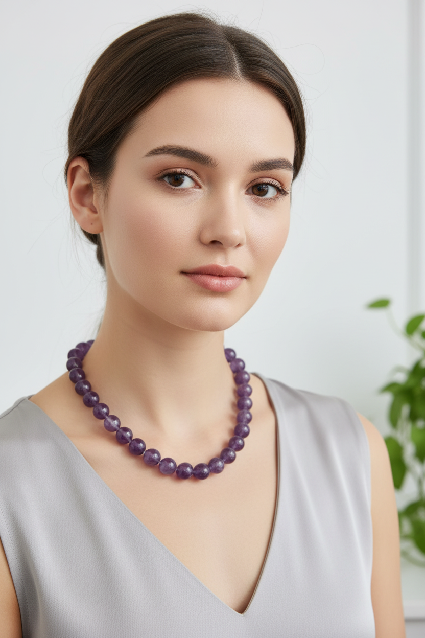 A purple beaded necklace on a model