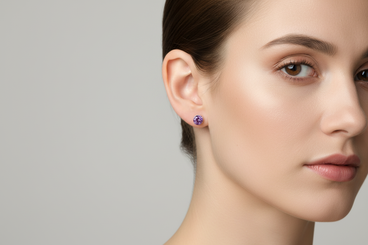 Round Amethyst earrings on a model