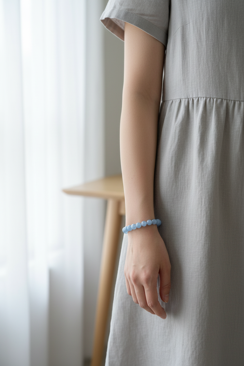Blue beaded bracelet on a model in a casual dress