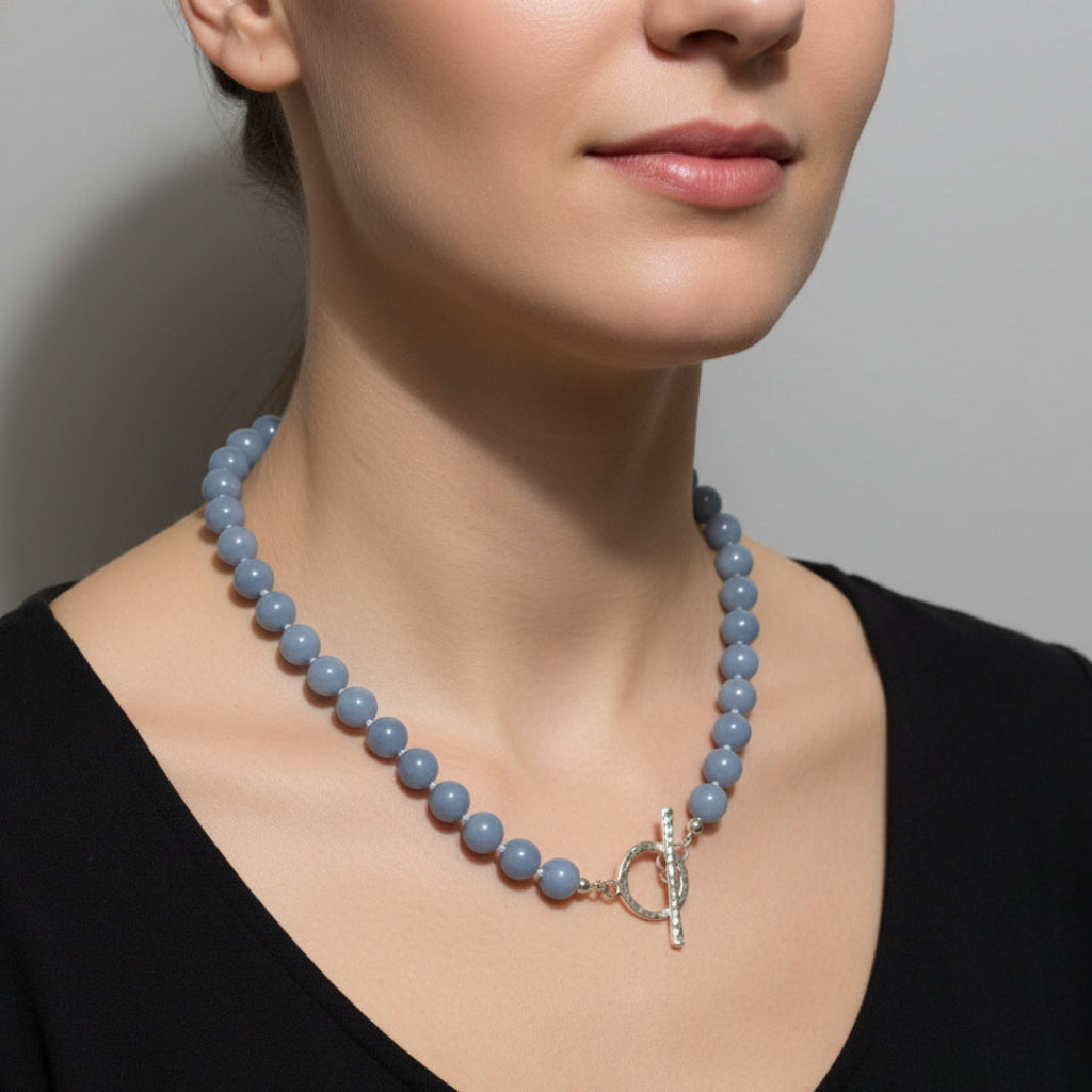 Angelite Gemstone necklace on a model