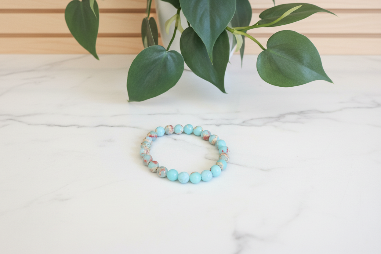 Aqua Terra Jasper beaded bracelet on a white counter with a plant in the background