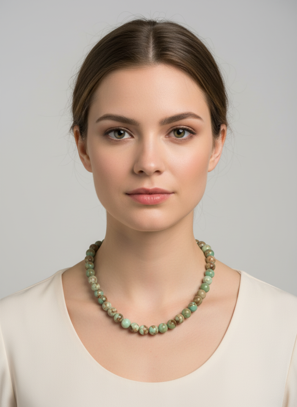 Woman wearing a green beaded necklace against a gray background
