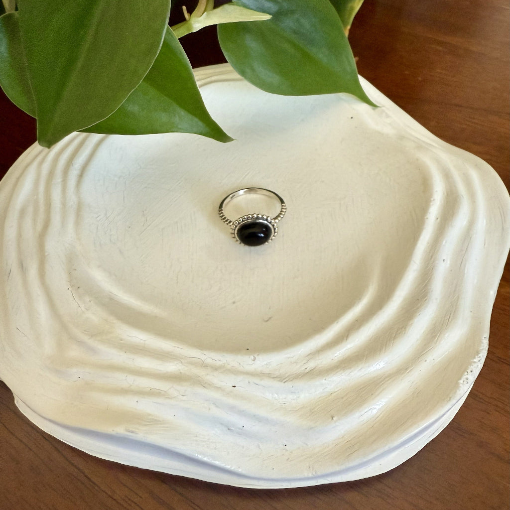 black ring on a white dish with a plant in the background