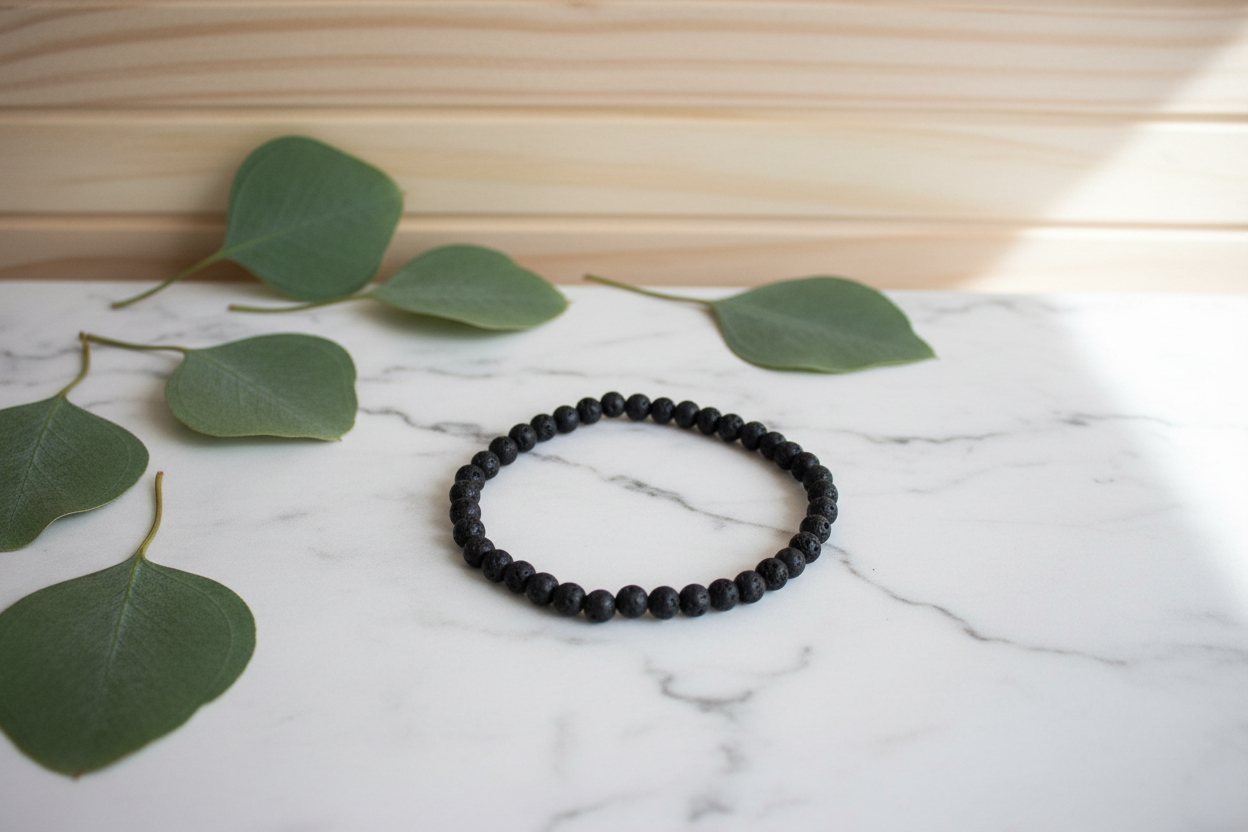 Black beaded bracelet on a white counter with green leaves in the background