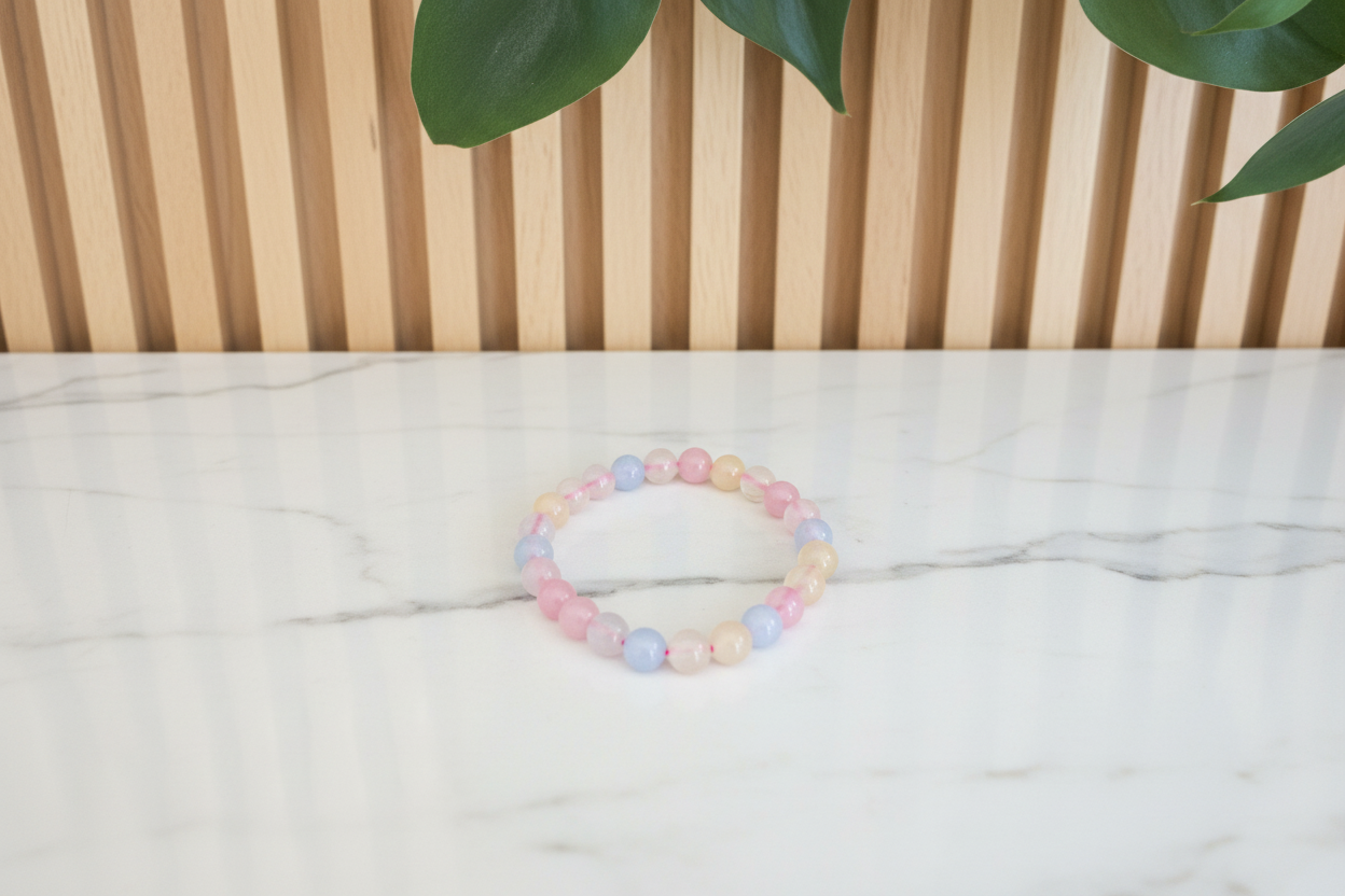 Multicolored beaded bracelet on a white counter with a plant in the background