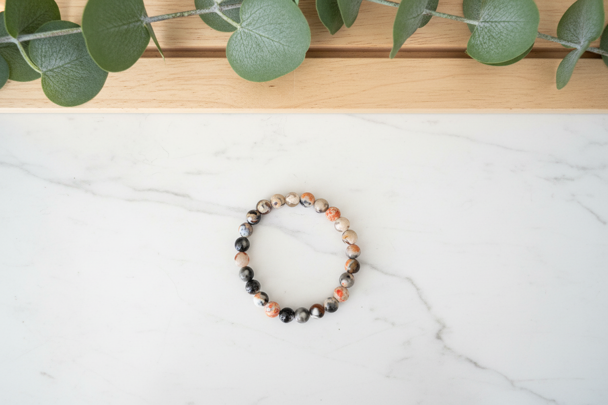 Multicolored beaded bracelet on a white counter with a plant in the background