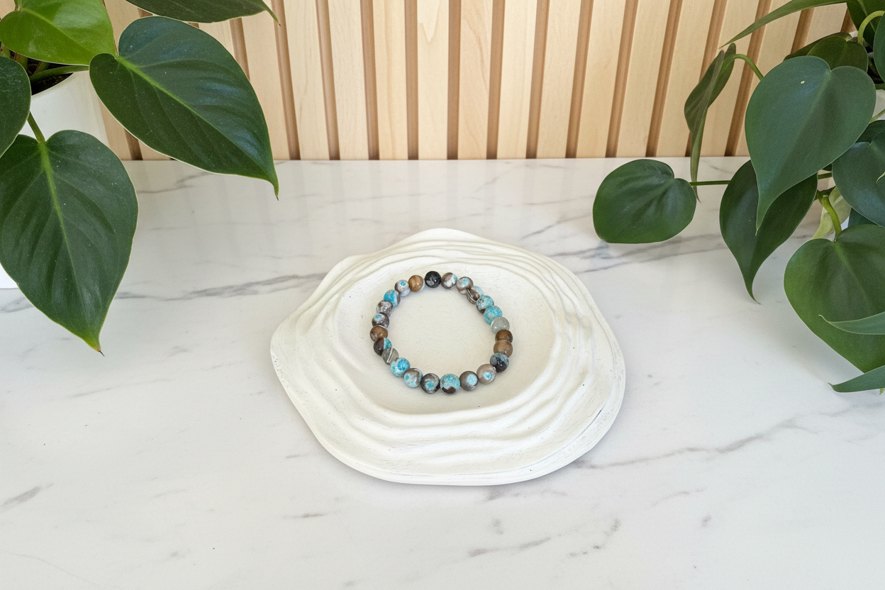 Multicolored beaded bracelet on a white counter with plants in the background