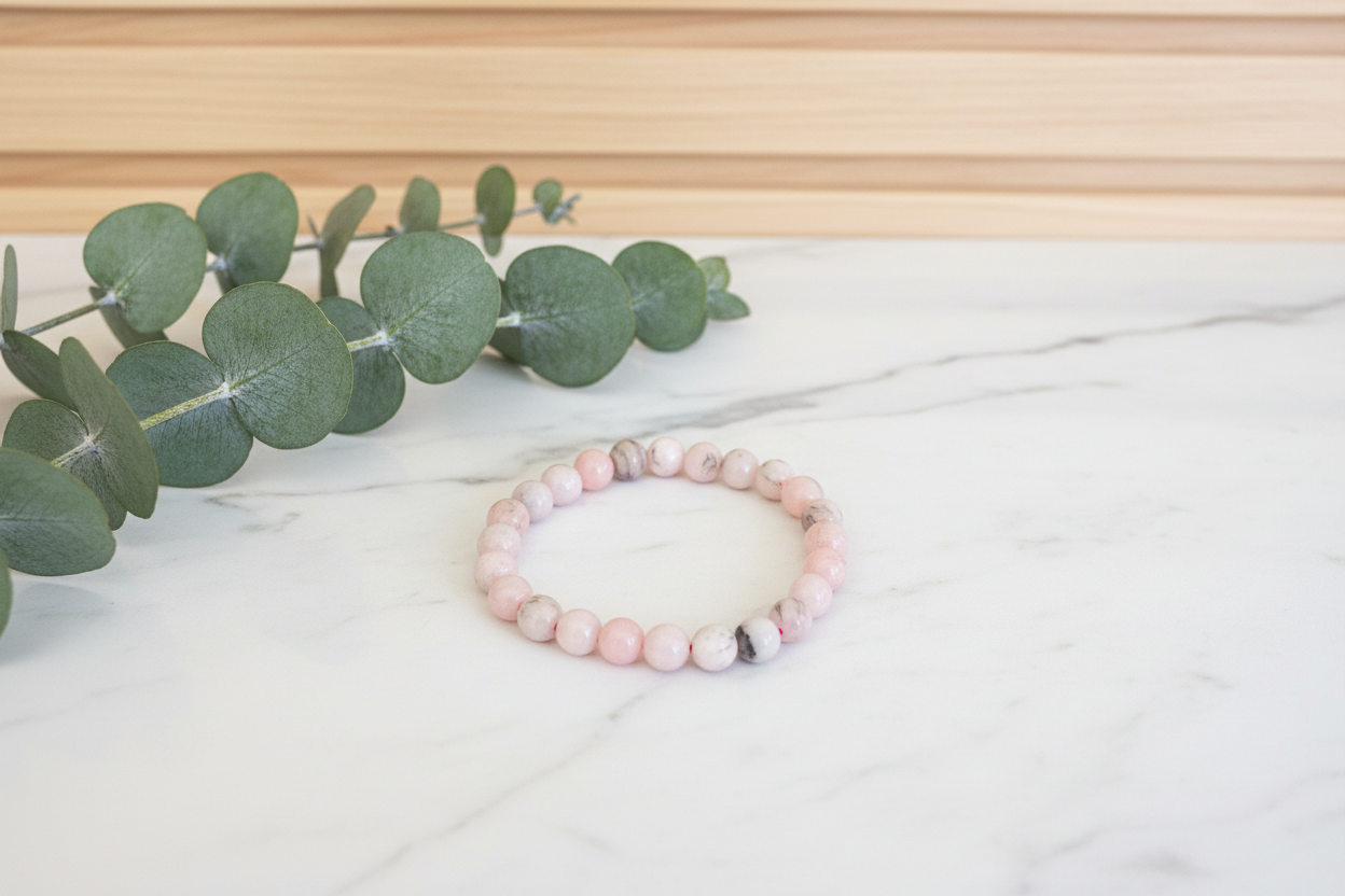 Pink beaded bracelet on a white counter with a plant in the background