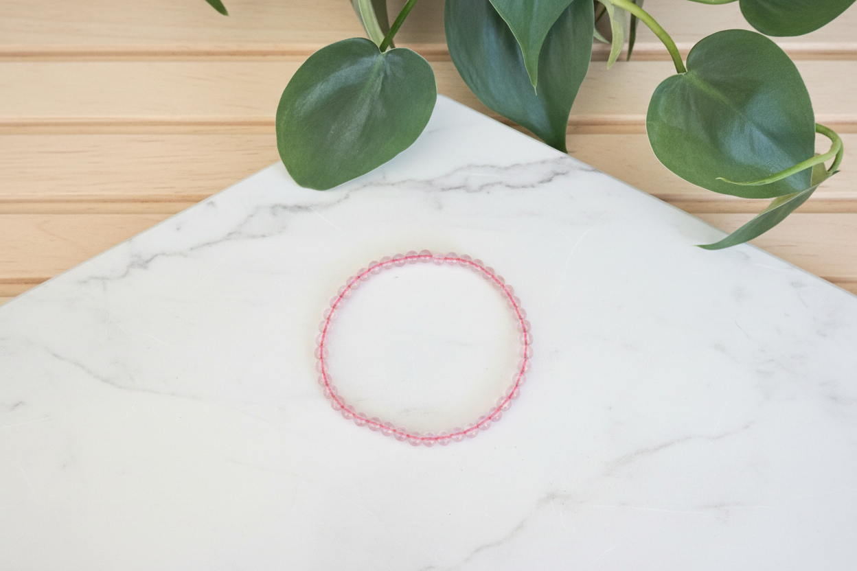 Pink beaded bracelet on a white counter with a plant in the background