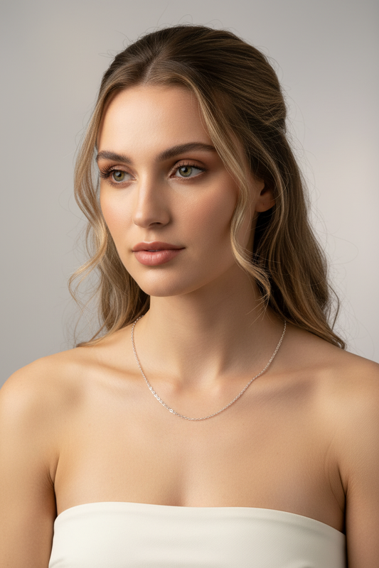 Silver cable chain necklace on a model