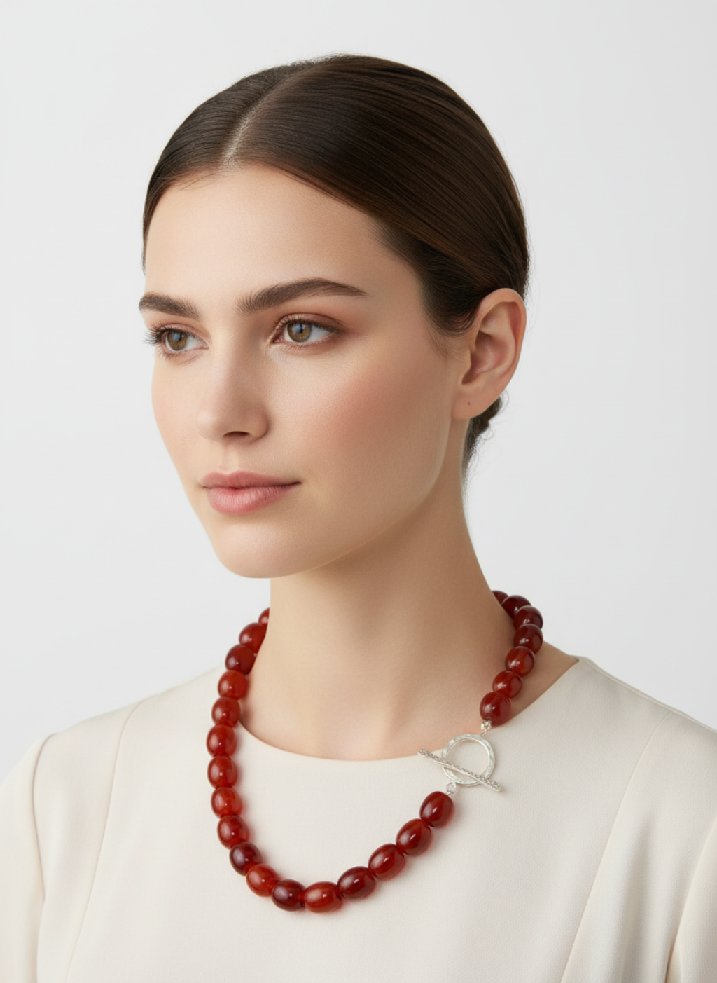 Woman wearing a red beaded necklace against a white background