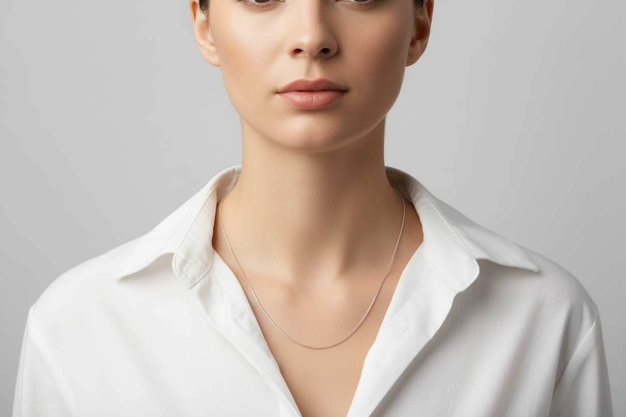 Silver box chain on a model