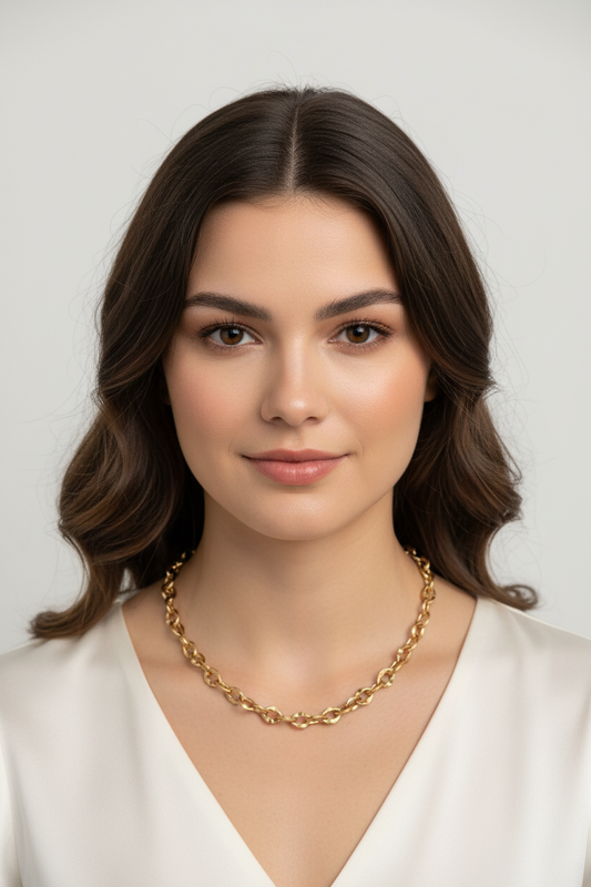 Chunky gold cable chain on a model