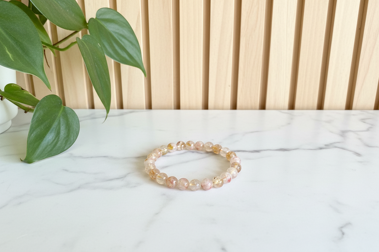 Citrine beaded bracelet on a white counter with a plant in the background