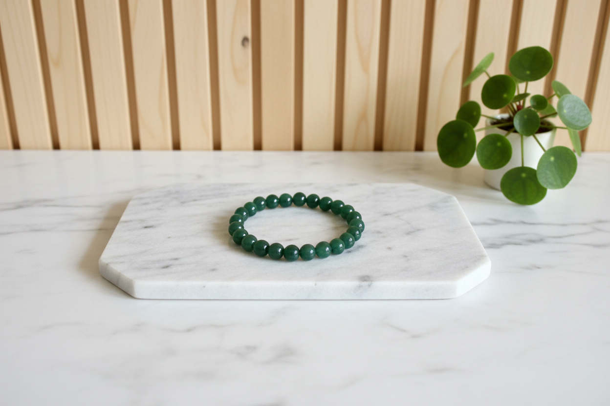 Green Jade beaded bracelet on a white countertop with a plant in the background