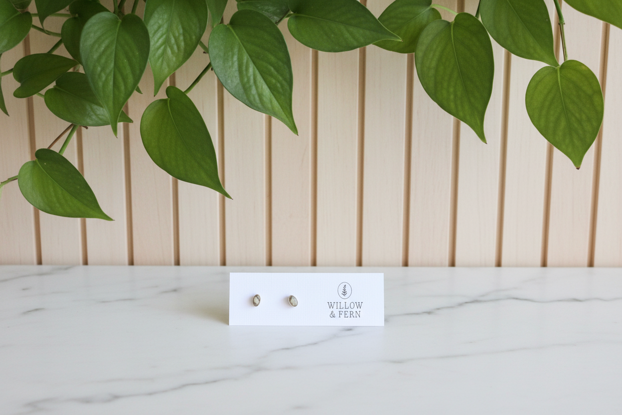 Dendritic Opal Earrings on a 'Willow & Fern' card on a white counter with a leafy background