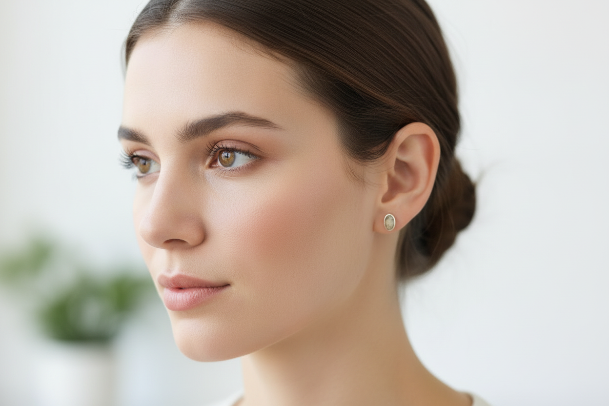Dendritic Opal Earrings on a model