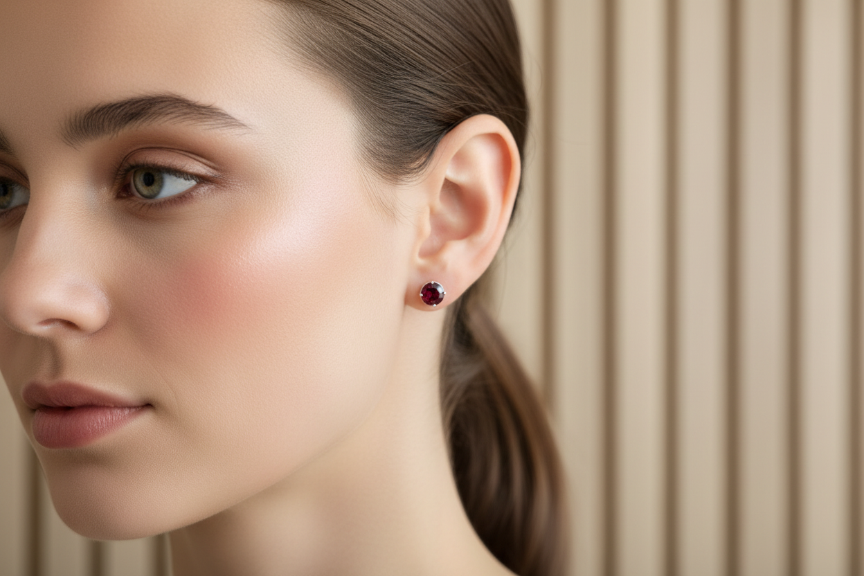 Garnet earrings on a model with a neutral background
