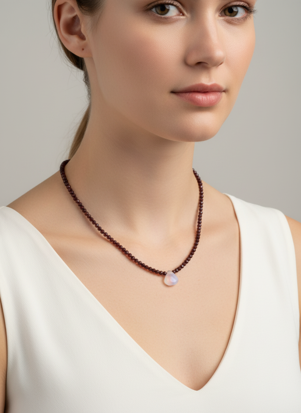 Red beaded necklace on a model