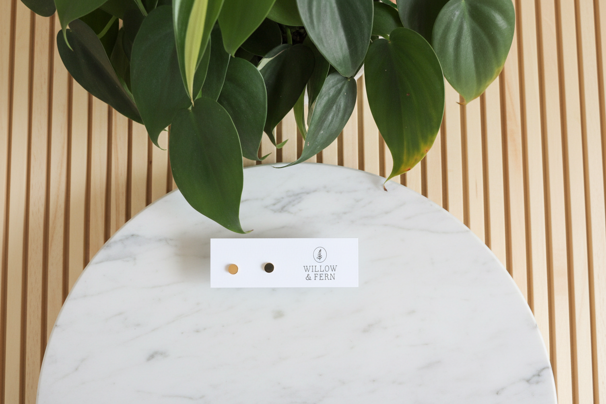 Willow & Fern gold circle earrings on a white countertop with a plant in the background