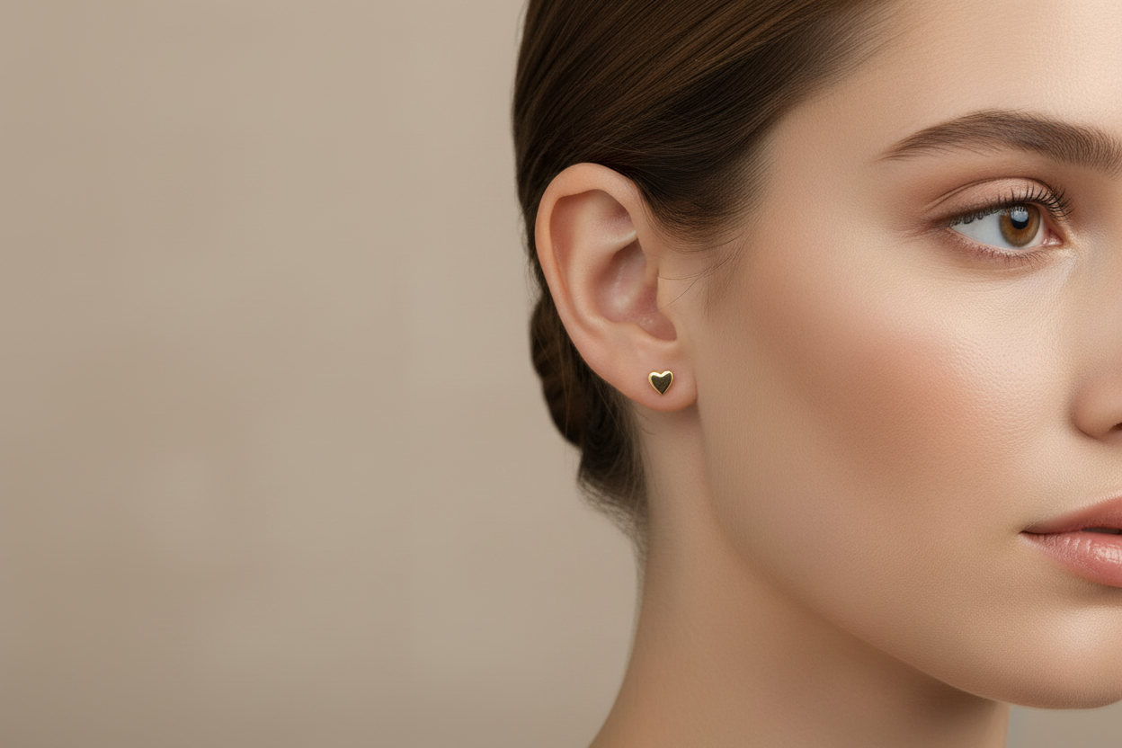 Gold heart earrings on a model